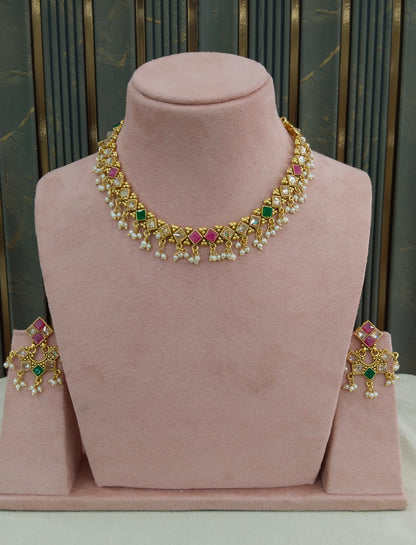 Gold Polki Ruby Green Necklace Jewellery Adya Set