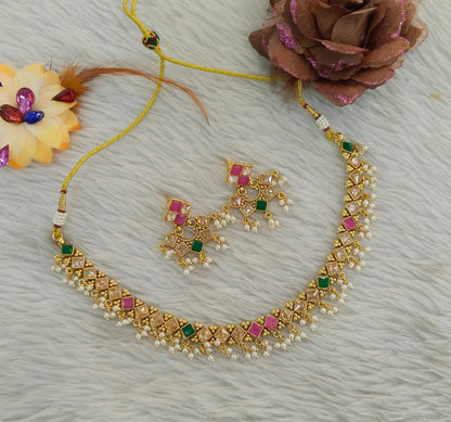Gold Polki Ruby Green Necklace Jewellery Adya Set