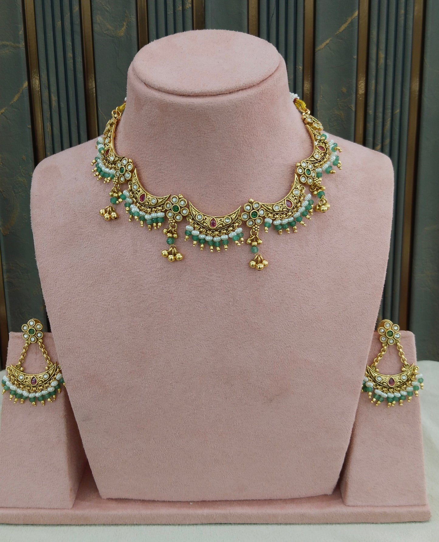 Gold Polki Ruby Sage Green Necklace Jewellery Adya Set