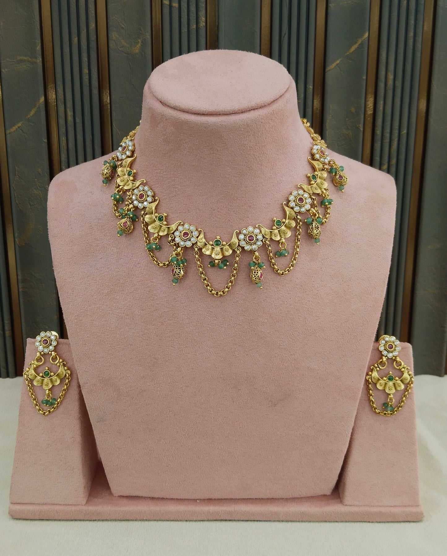 Gold Polki Ruby Sage Green Necklace Jewellery Adya Set