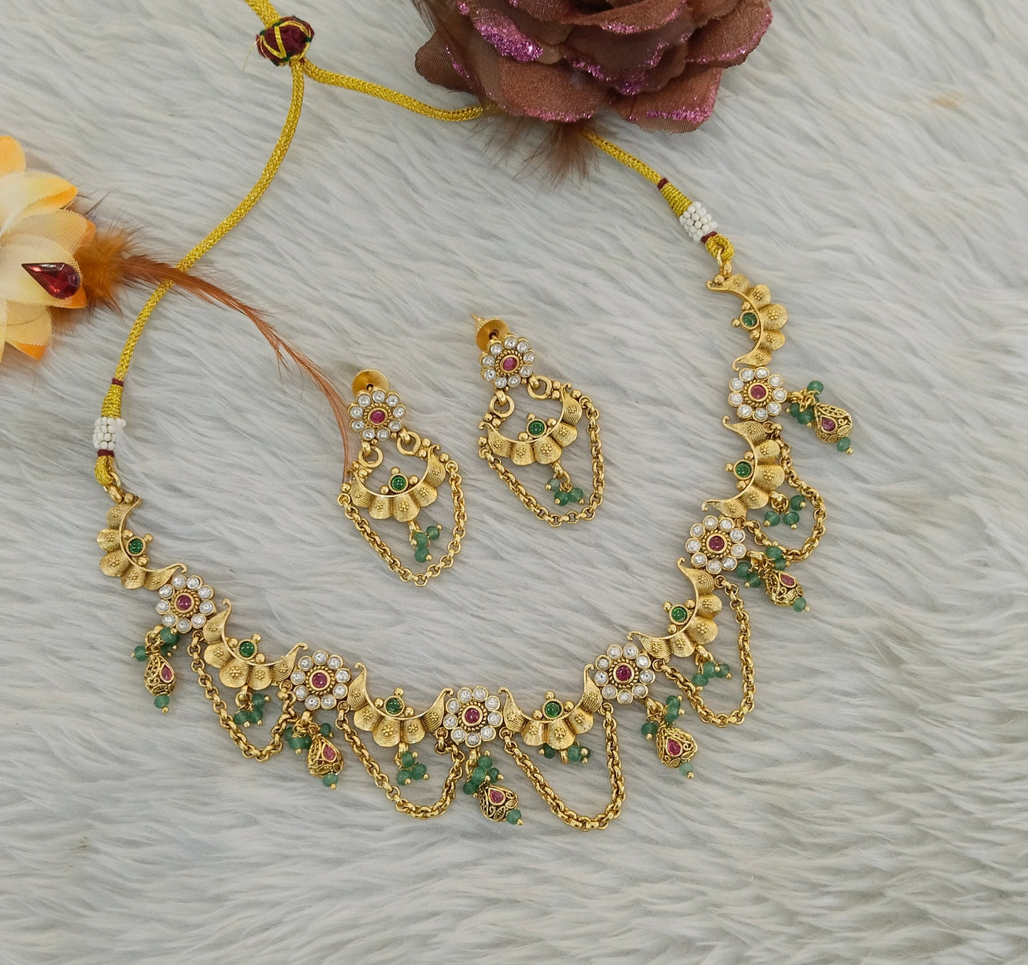 Gold Polki Ruby Sage Green Necklace Jewellery Adya Set