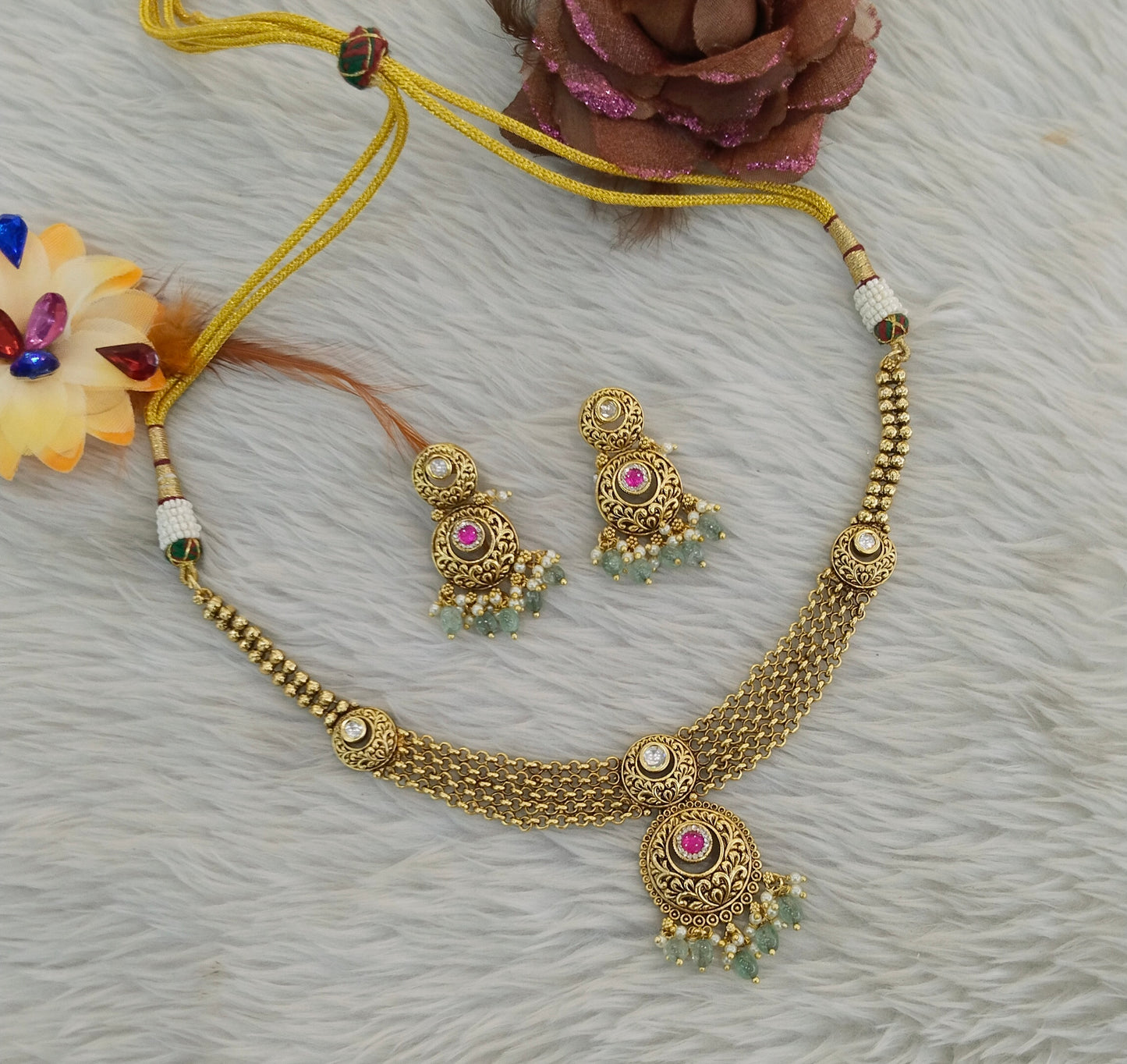 Gold Polki Ruby Sage Green Necklace Jewellery Adya Set