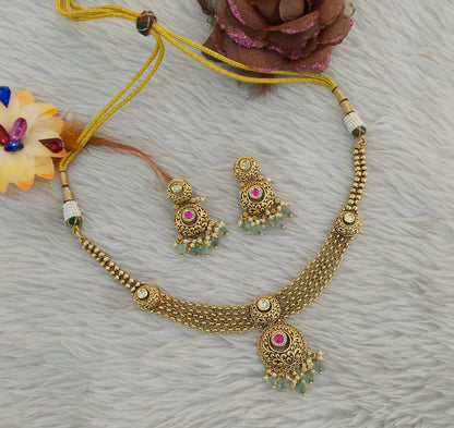 Gold Polki Ruby Sage Green Necklace Jewellery Adya Set
