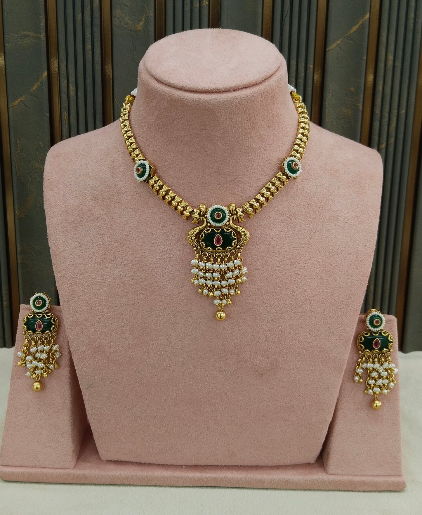 Gold Polki Ruby Green Necklace Jewellery Adya Set