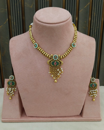Gold Polki Ruby Sage Green Necklace Jewellery Adya Set