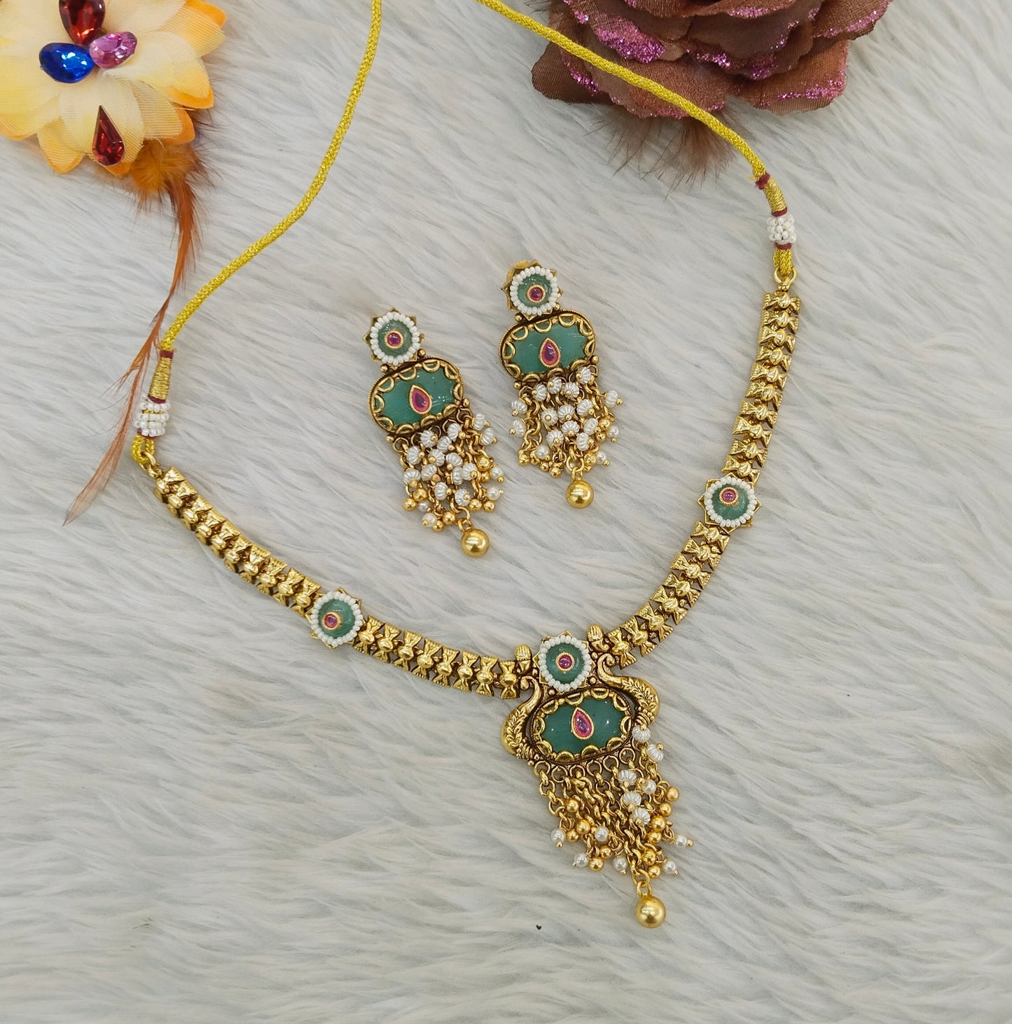 Gold Polki Ruby Sage Green Necklace Jewellery Adya Set