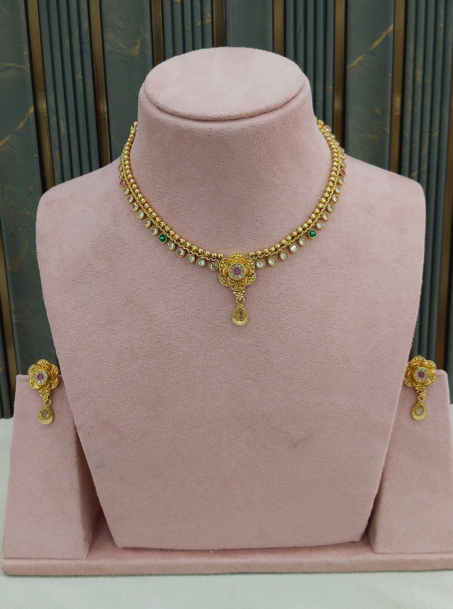 Gold Polki Ruby Green Necklace Jewellery Adya Set
