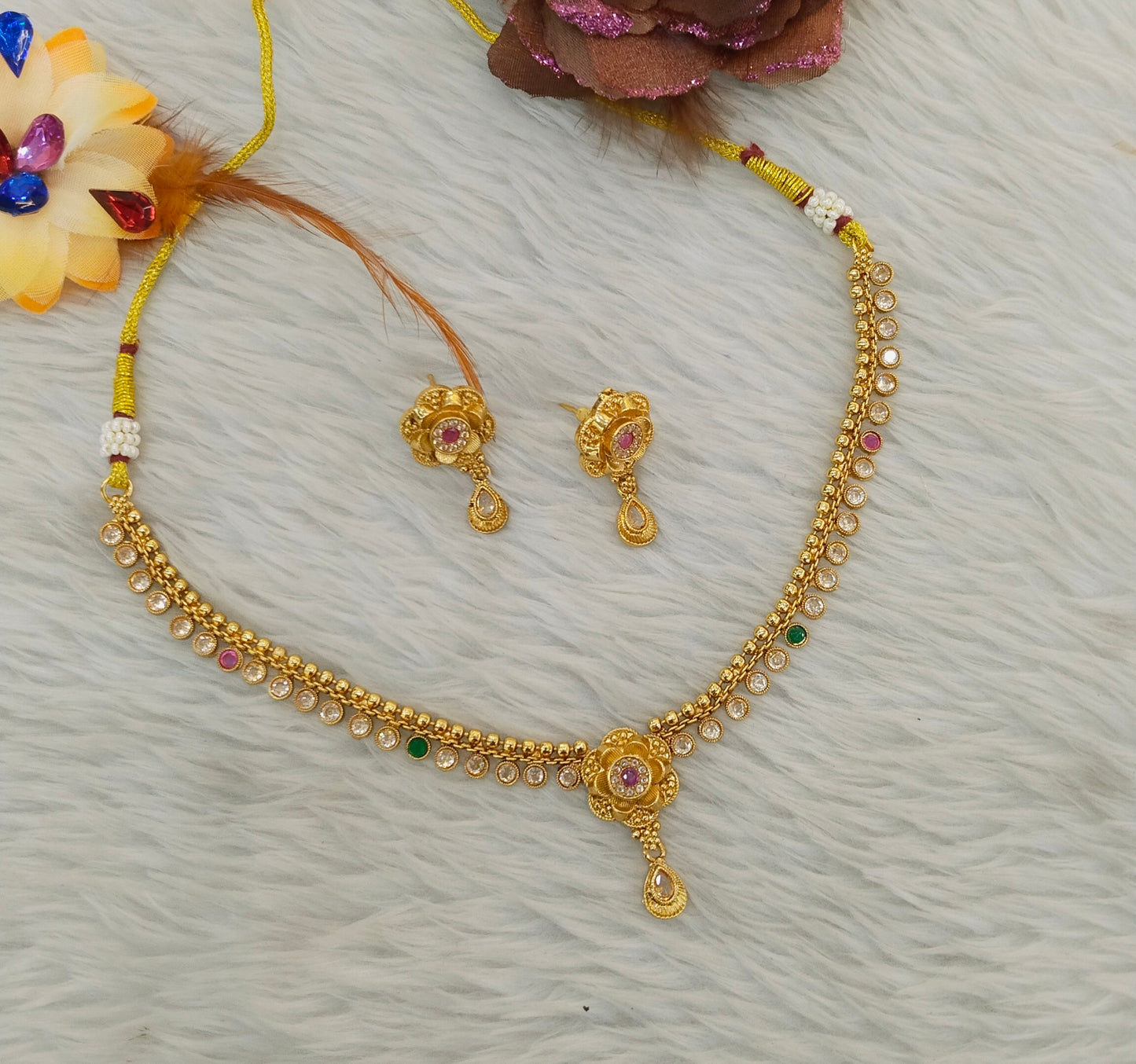 Gold Polki Ruby Green Necklace Jewellery Adya Set