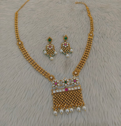 Gold Polki Ruby Green Long Rani Haar Necklace Anaya Jewellery Set
