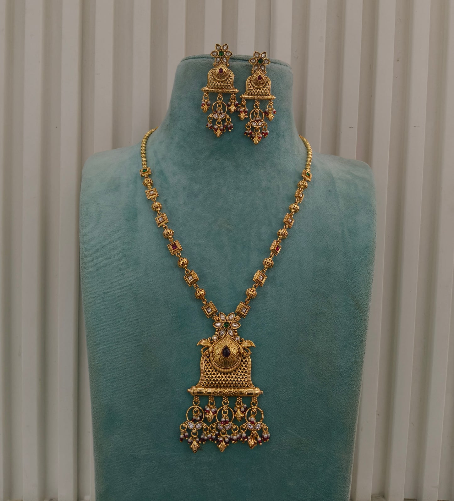 Gold Polki Ruby Green Long Rani Haar Necklace Anaya Jewellery Set