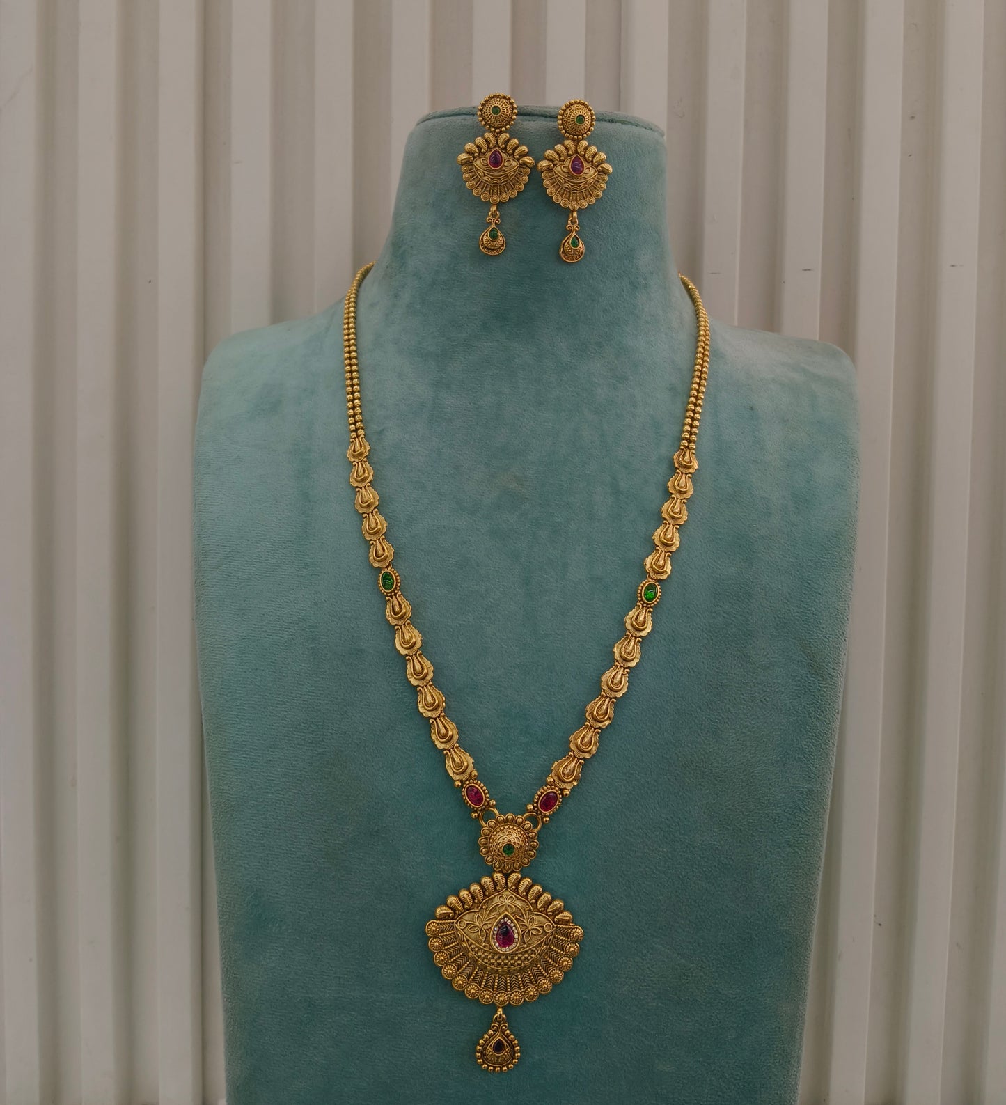 Gold Polki Ruby Green Long Rani Haar Necklace Anaya Jewellery Set