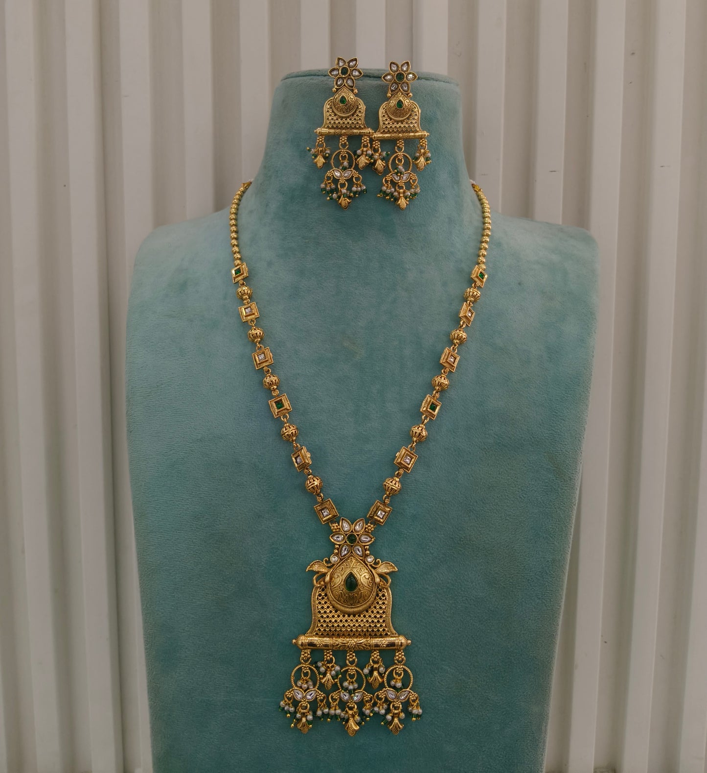 Gold Polki Green Long Rani Haar Necklace Anaya Jewellery Set