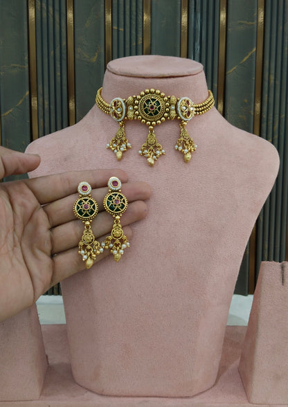Gold Polki Ruby Green Choker Yuka Jewellery Polki Set