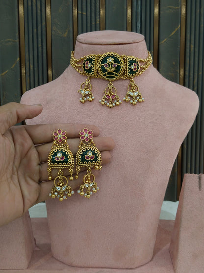 Gold Polki Ruby Green Choker Yuka Jewellery Polki Set