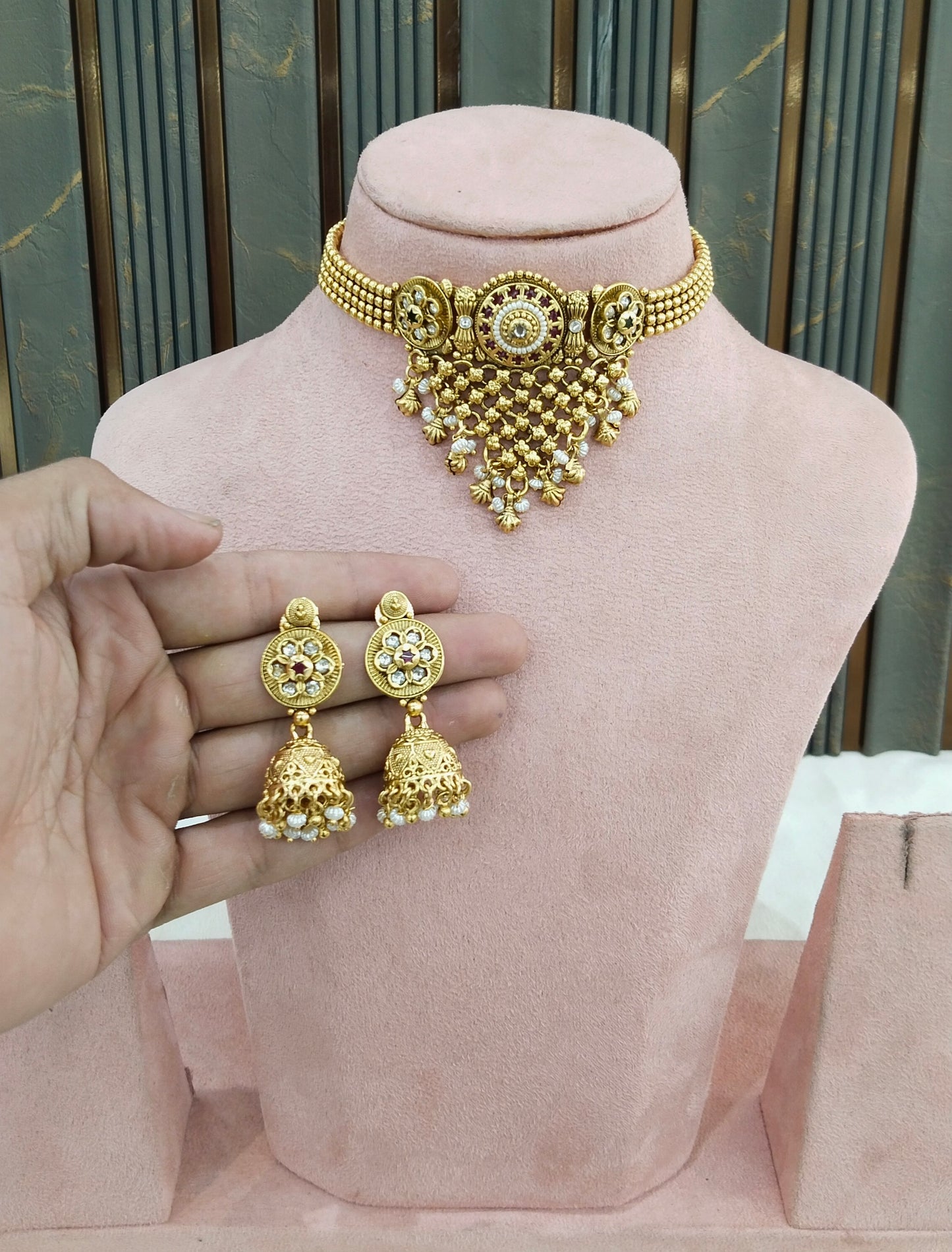Gold Polki Ruby Green Choker Yuka Jewellery Polki Set