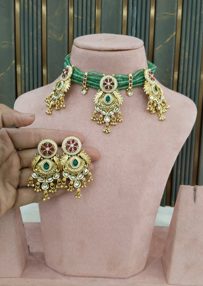 Gold Polki Ruby Sage Green Choker Yuka Jewellery Polki Set