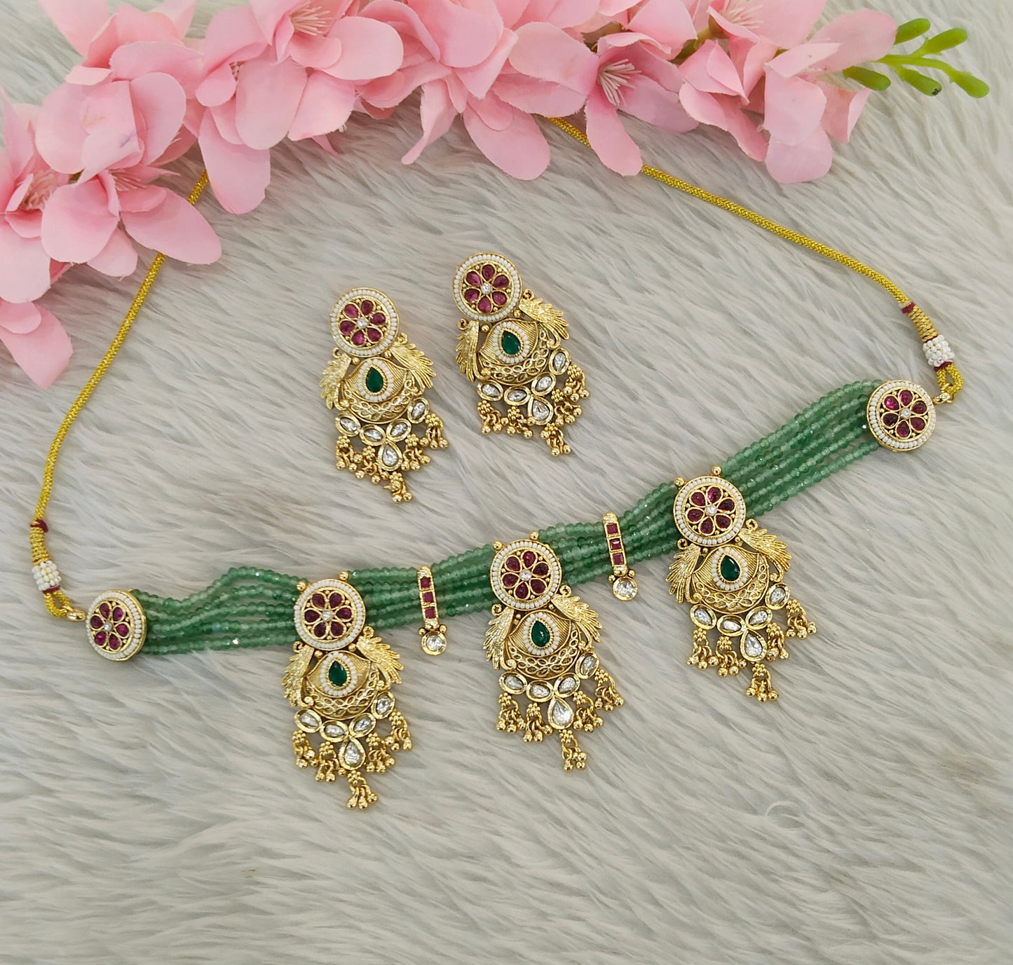 Gold Polki Ruby Sage Green Choker Yuka Jewellery Polki Set
