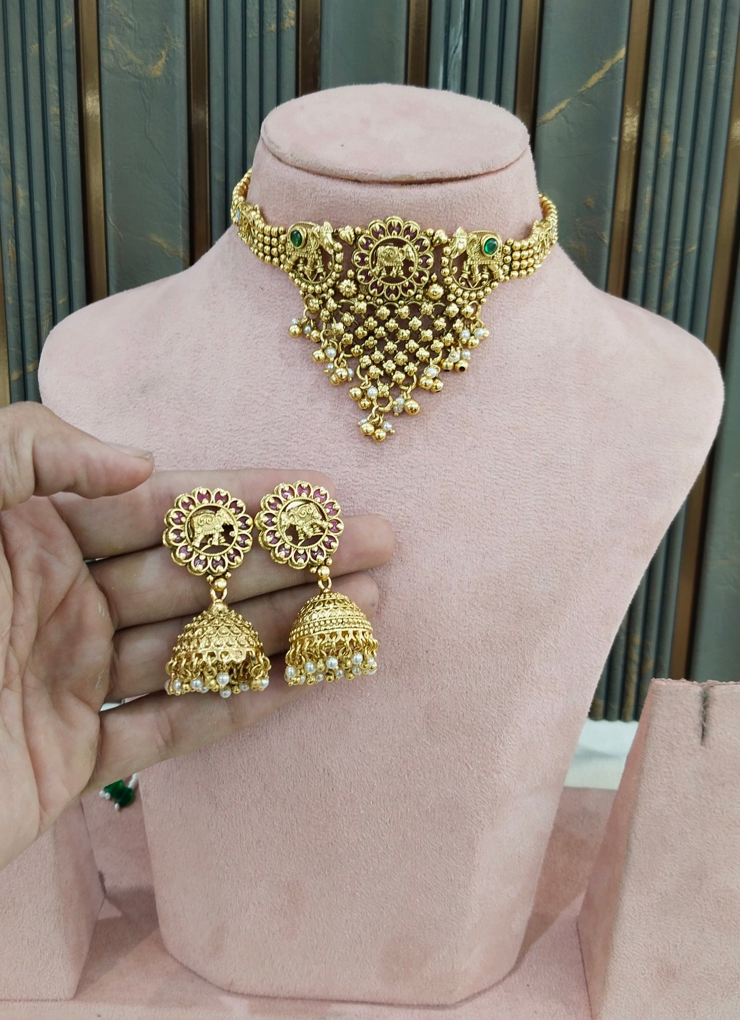 Gold Polki Ruby Green Choker Yuka Jewellery Polki Set