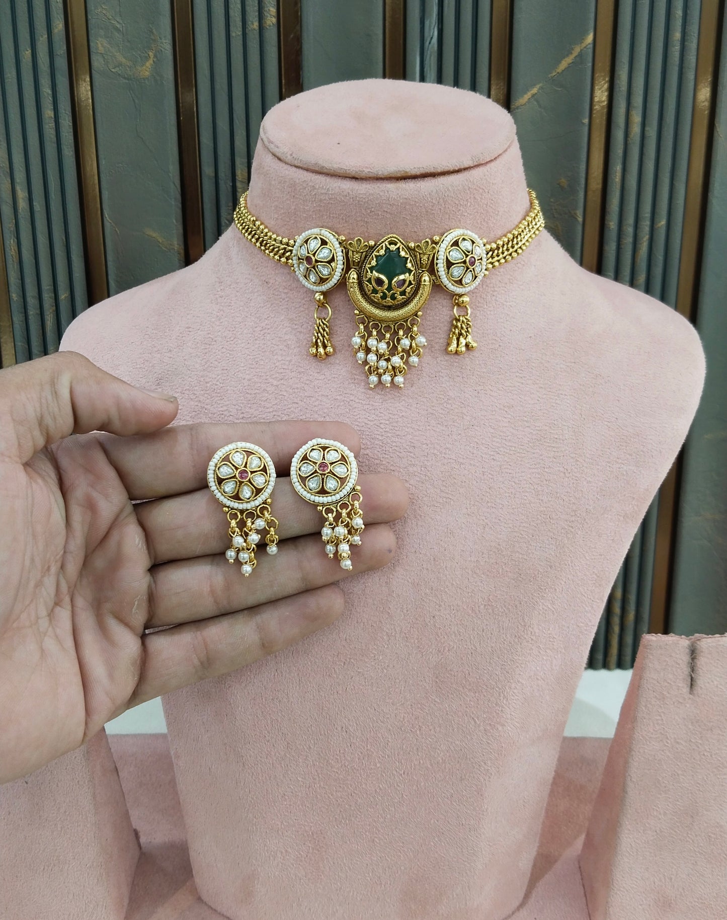 Gold Polki Ruby Sage Green Choker Yuka Jewellery Polki Set