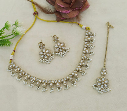 Antique Gold Moissanite Kundan Necklace Jewellery Manddy Set