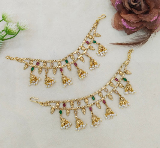 Gold Polki Ruby Green Sahare Earchains