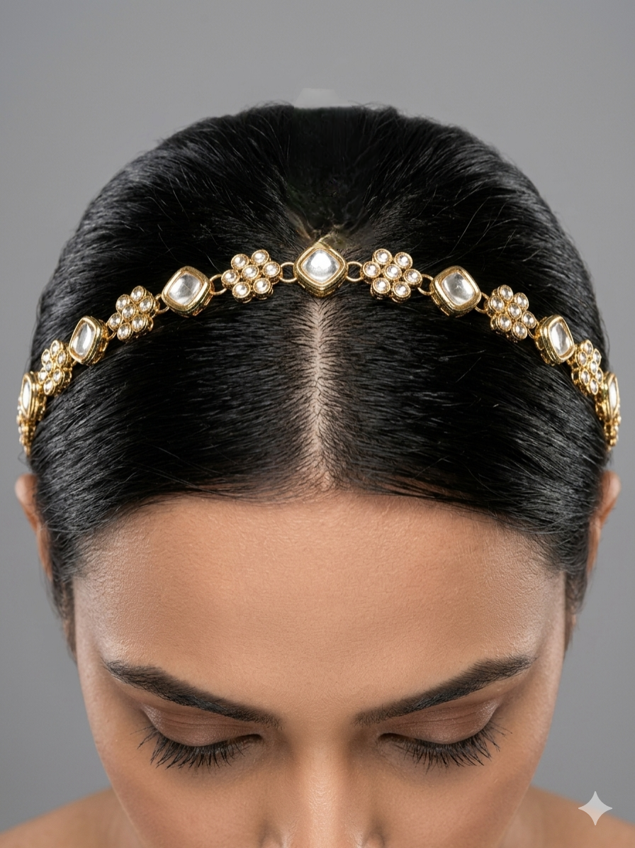 Gold White Kundan Sheesh Phool Headpiece Matha Patti