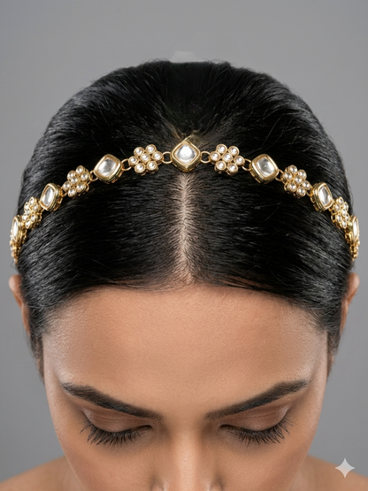 Gold White Kundan Sheesh Phool Headpiece Matha Patti