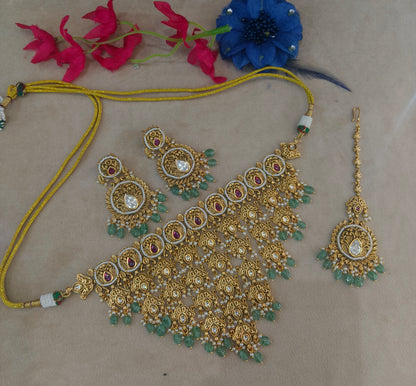 Gold Polki Ruby Sage Green Choker Jewellery Akash Polki Set
