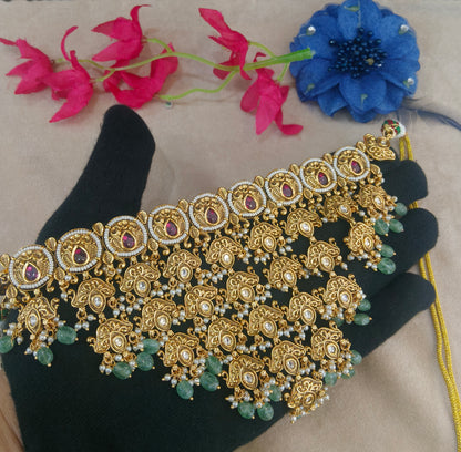 Gold Polki Ruby Sage Green Choker Jewellery Akash Polki Set