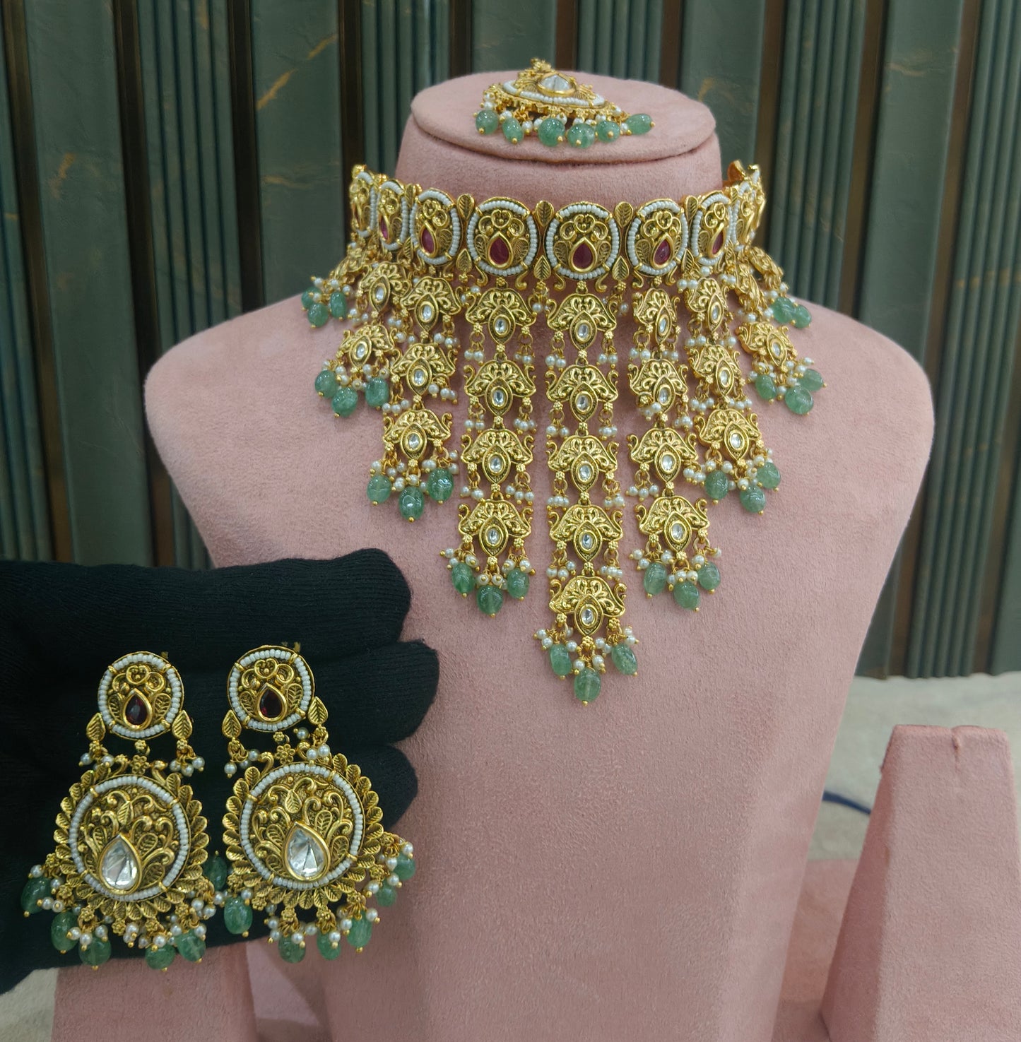 Gold Polki Ruby Sage Green Choker Jewellery Akash Polki Set