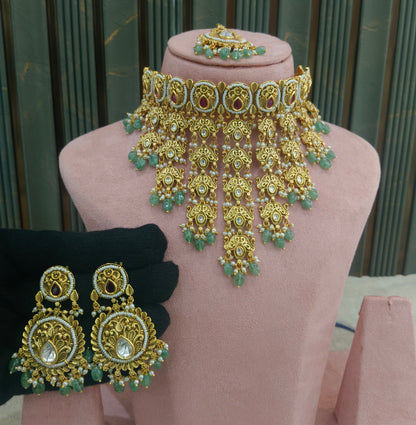 Gold Polki Ruby Sage Green Choker Jewellery Akash Polki Set