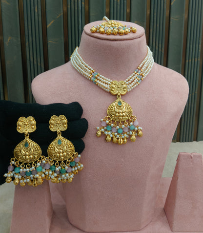 Gold Polish Mint Pink Punjabi Look Palvir Necklace Sets