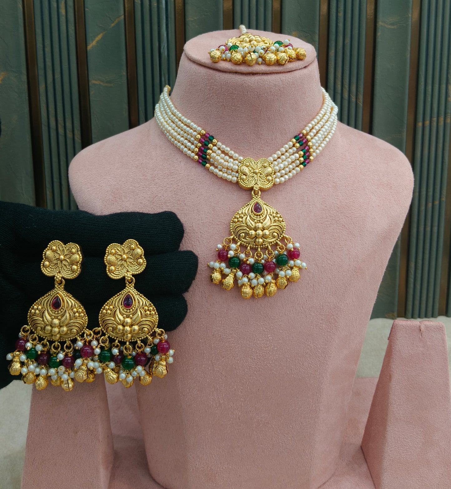Gold Polish Ruby Green Punjabi Look Palvir Necklace Sets