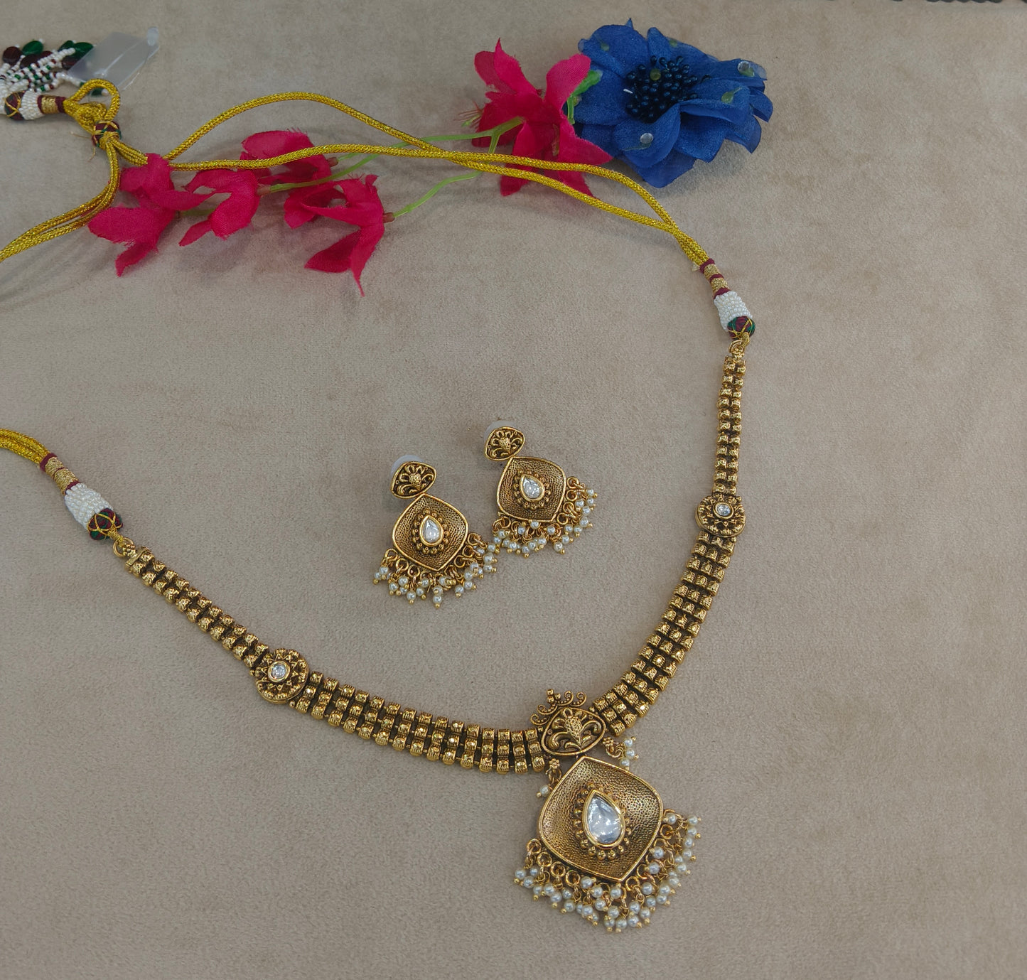 Gold White Polki Necklace Jewellery Harveen Set
