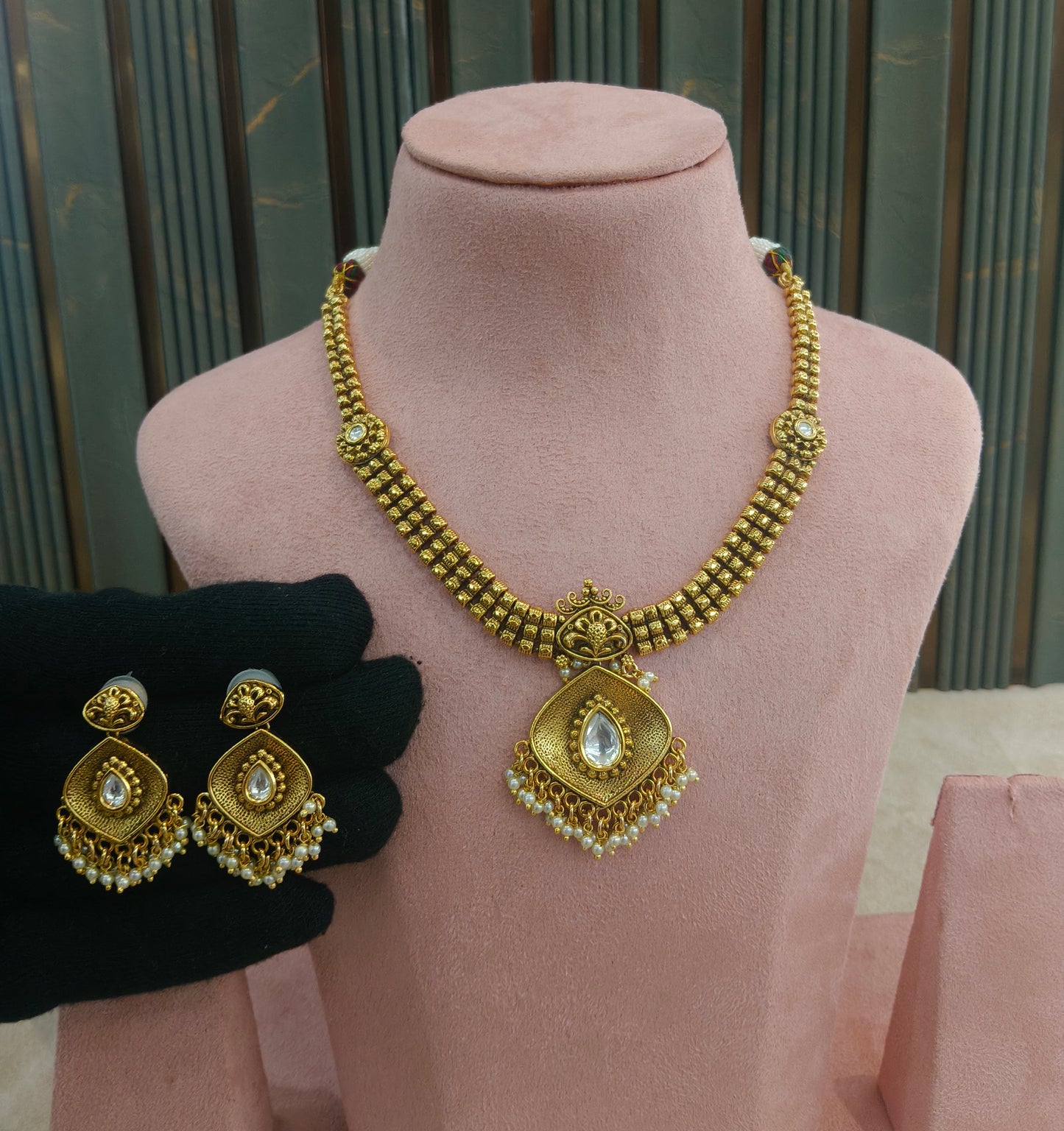 Gold White Polki Necklace Jewellery Harveen Set