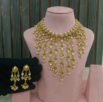 Gold White Waterfall Polki Necklace Jewellery Harveen Set