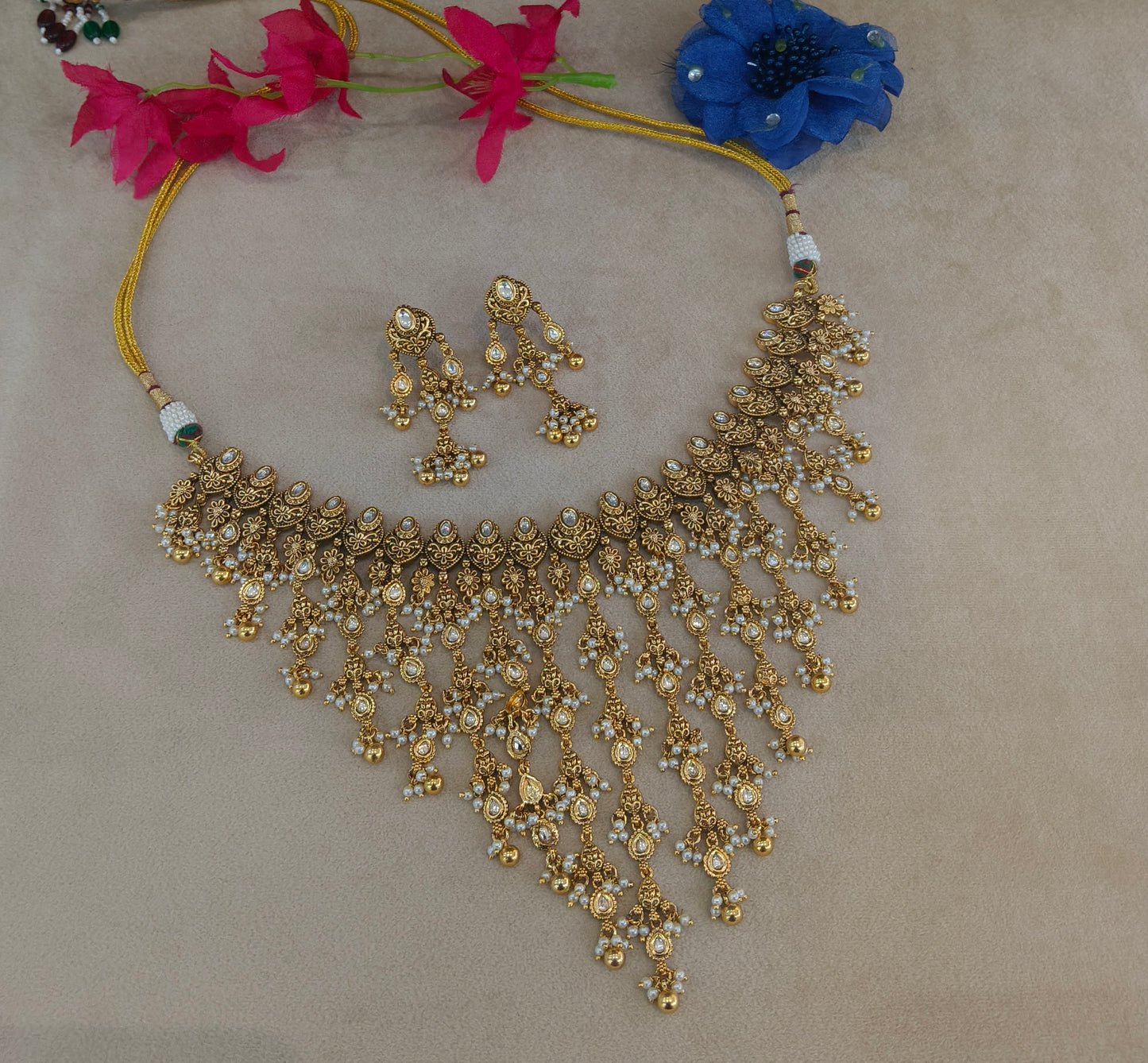 Gold White Waterfall Polki Necklace Jewellery Harveen Set