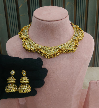 Gold White Polki Necklace Jewellery Harveen Set