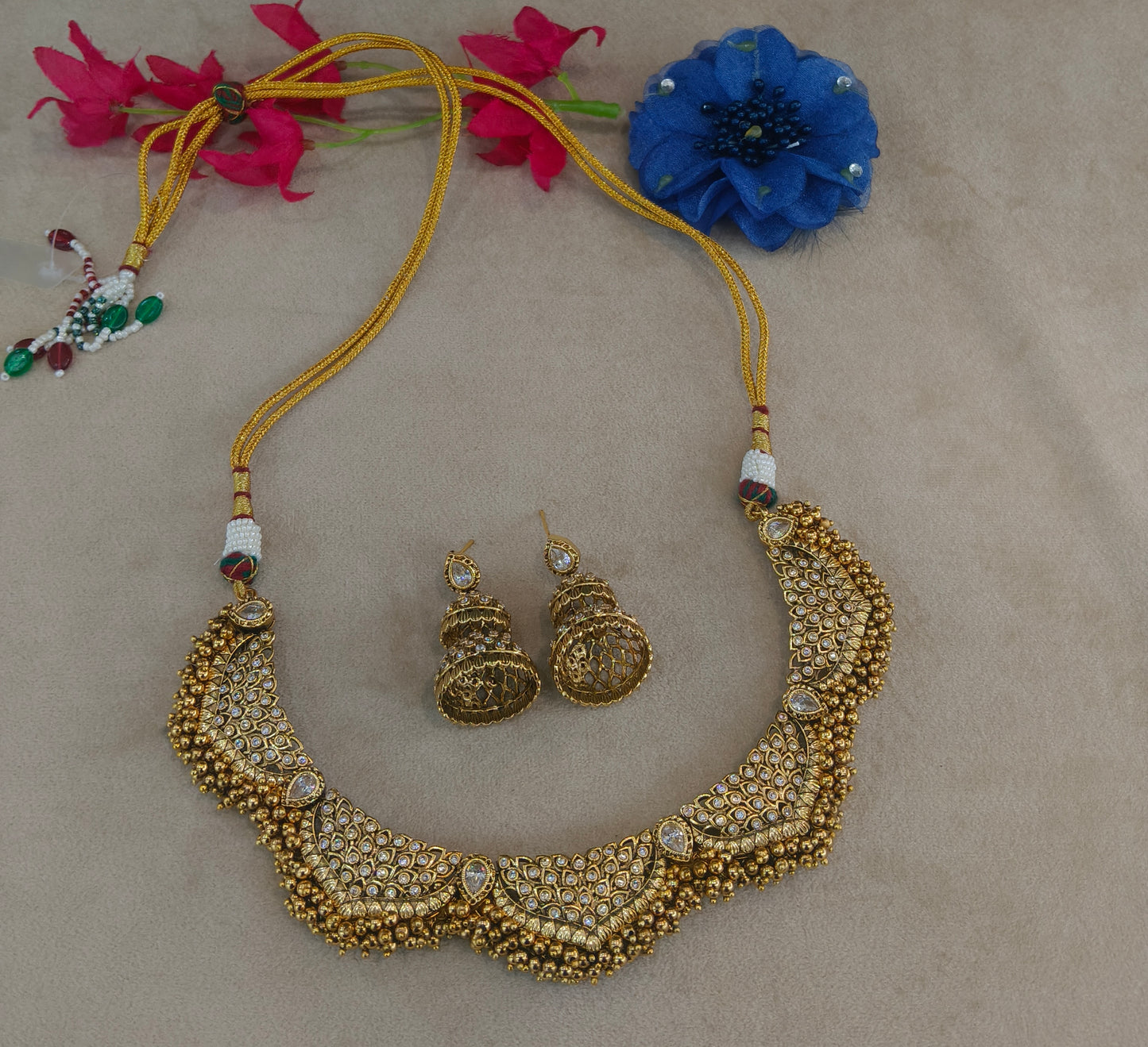 Gold White Polki Necklace Jewellery Harveen Set