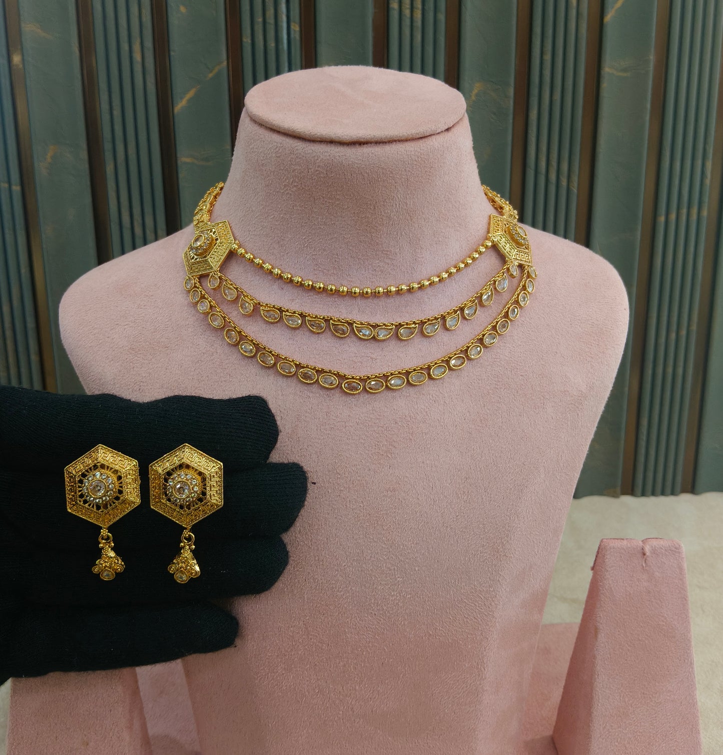 Gold White Polki Necklace Jewellery Harveen Set