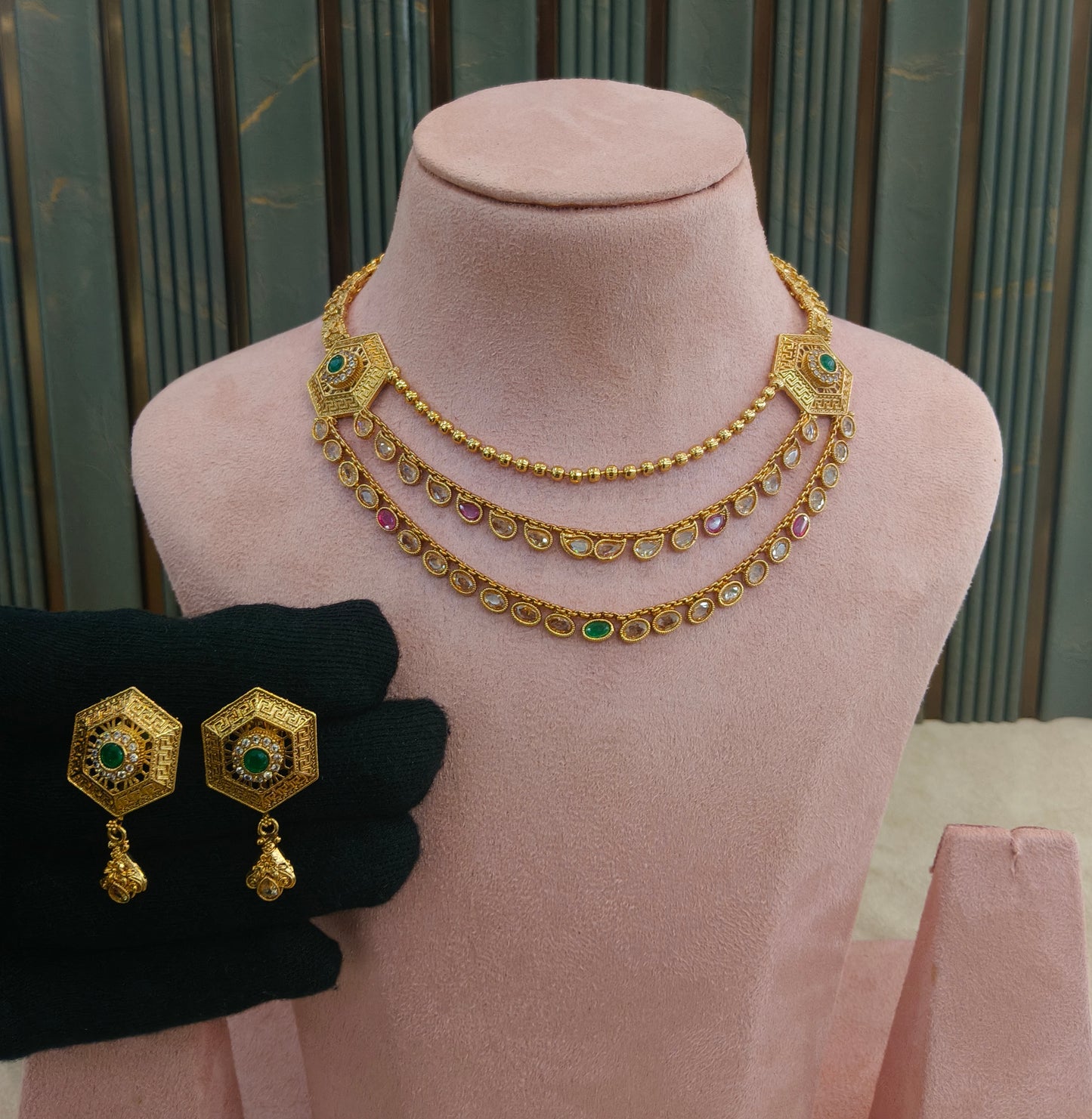 Gold Ruby Green Polki Necklace Jewellery Harveen Set