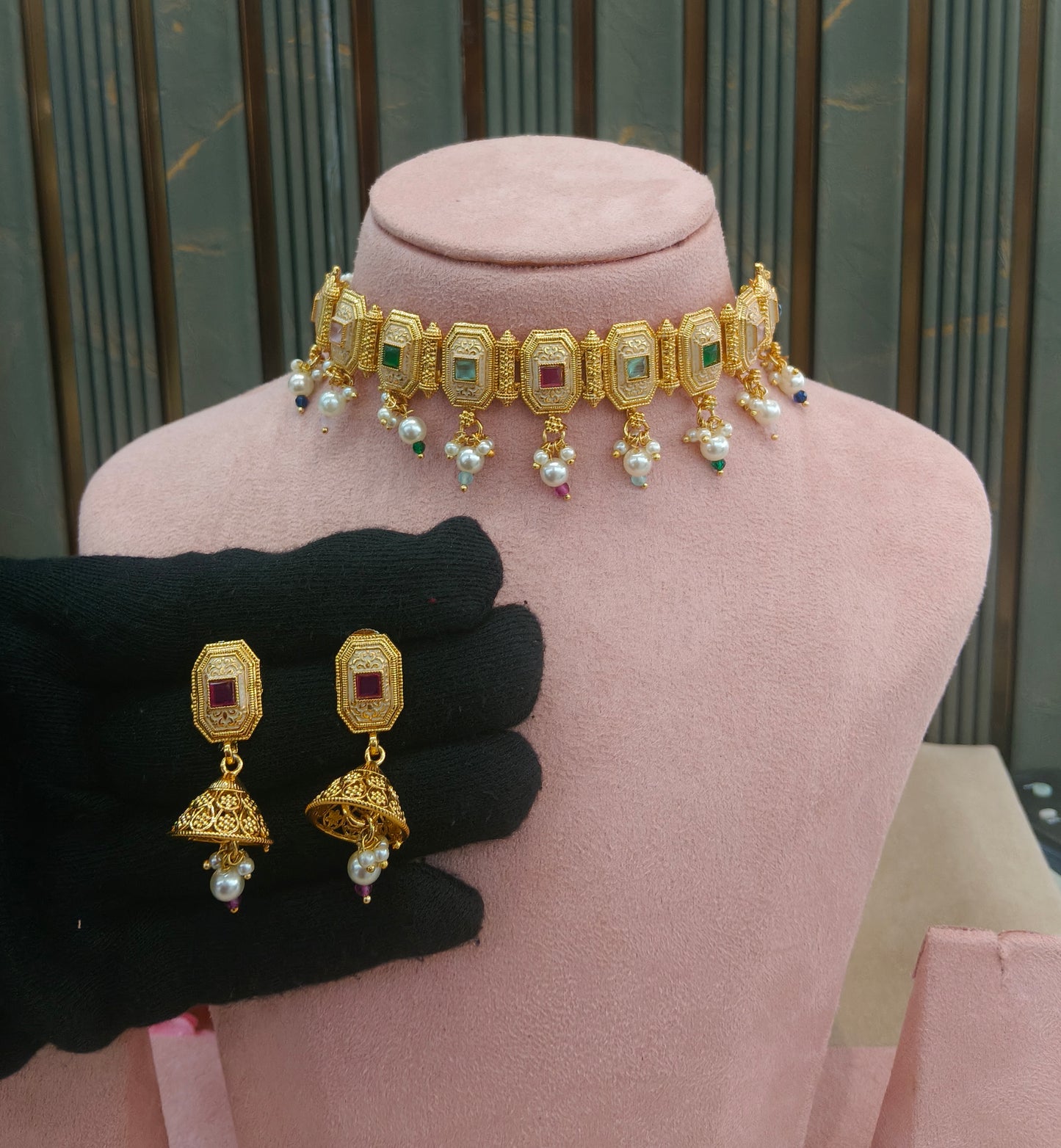 Gold Polki Multi Color Choker Rue Jewellery Polki Set