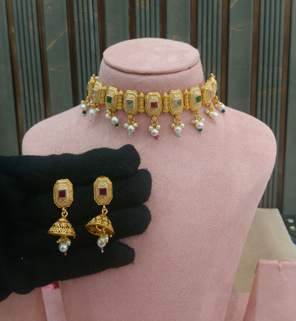 Gold Polki Multi Color Choker Rue Jewellery Polki Set