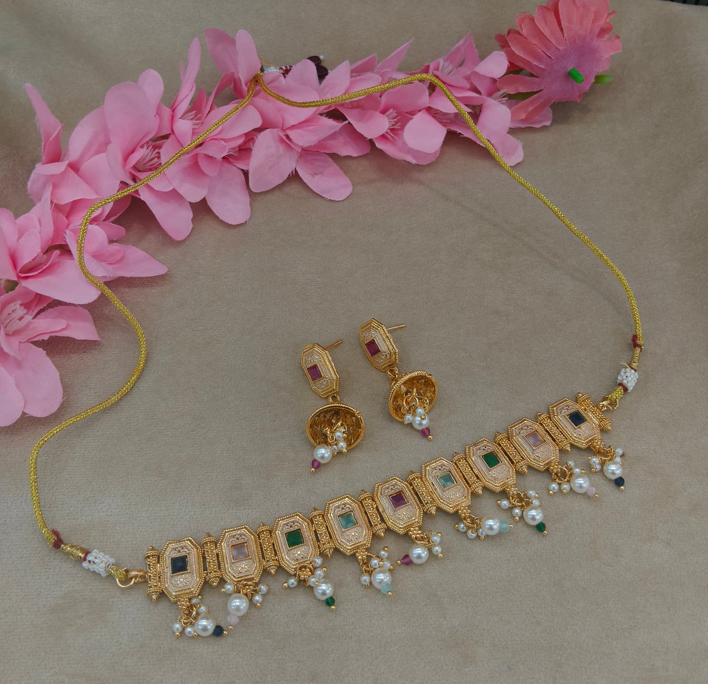 Gold Polki Multi Color Choker Rue Jewellery Polki Set