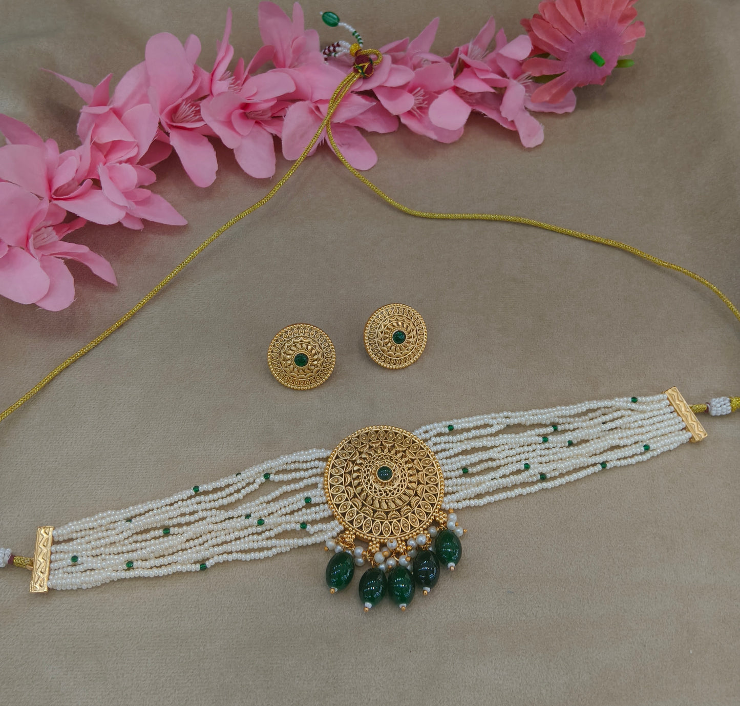 Gold Polki Green Choker Able Jewellery Polki Set