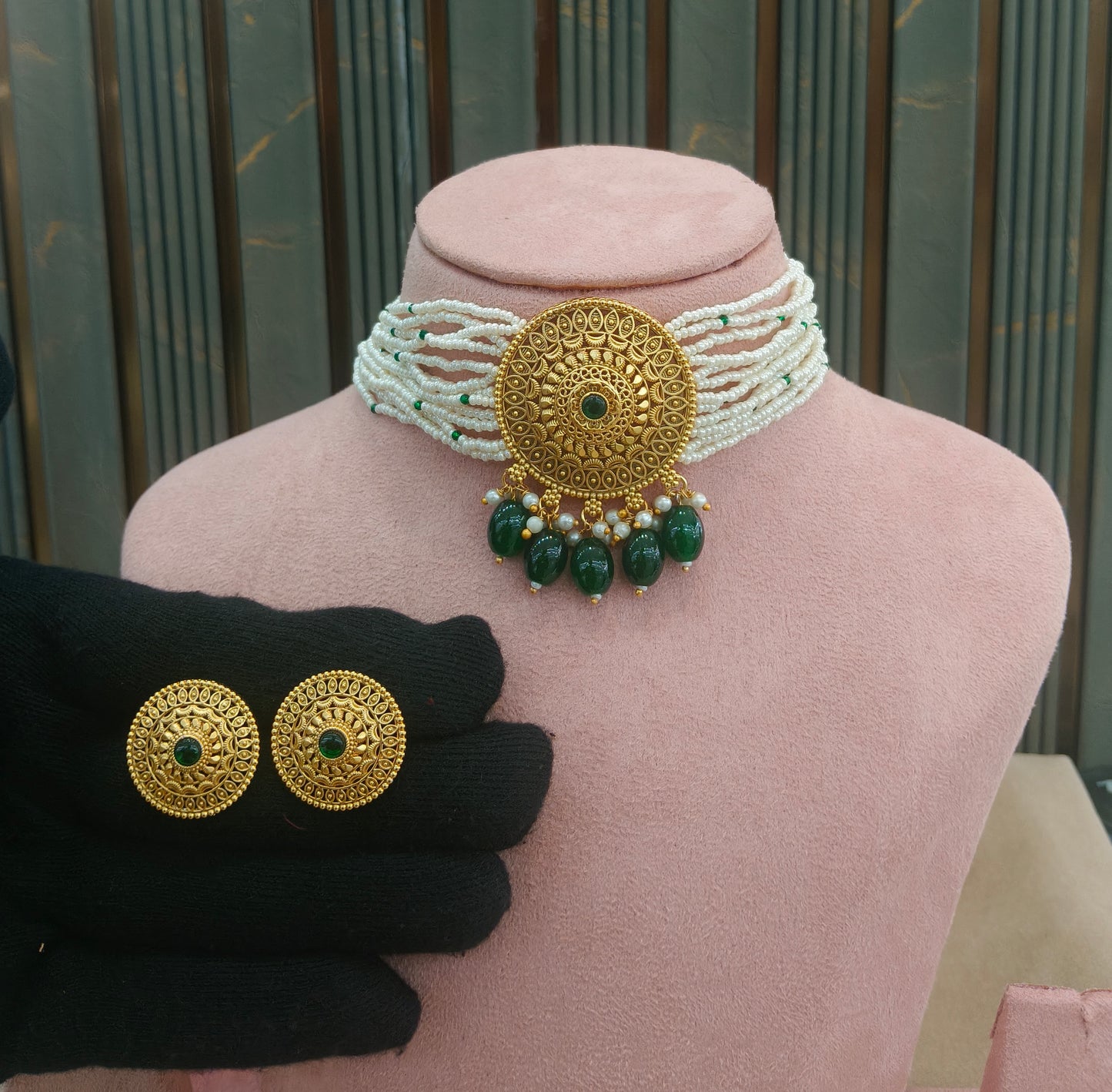 Gold Polki Green Choker Able Jewellery Polki Set