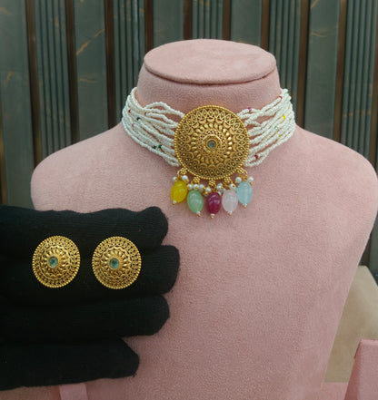 Gold Polki Multi Color Choker Able Jewellery Polki Set