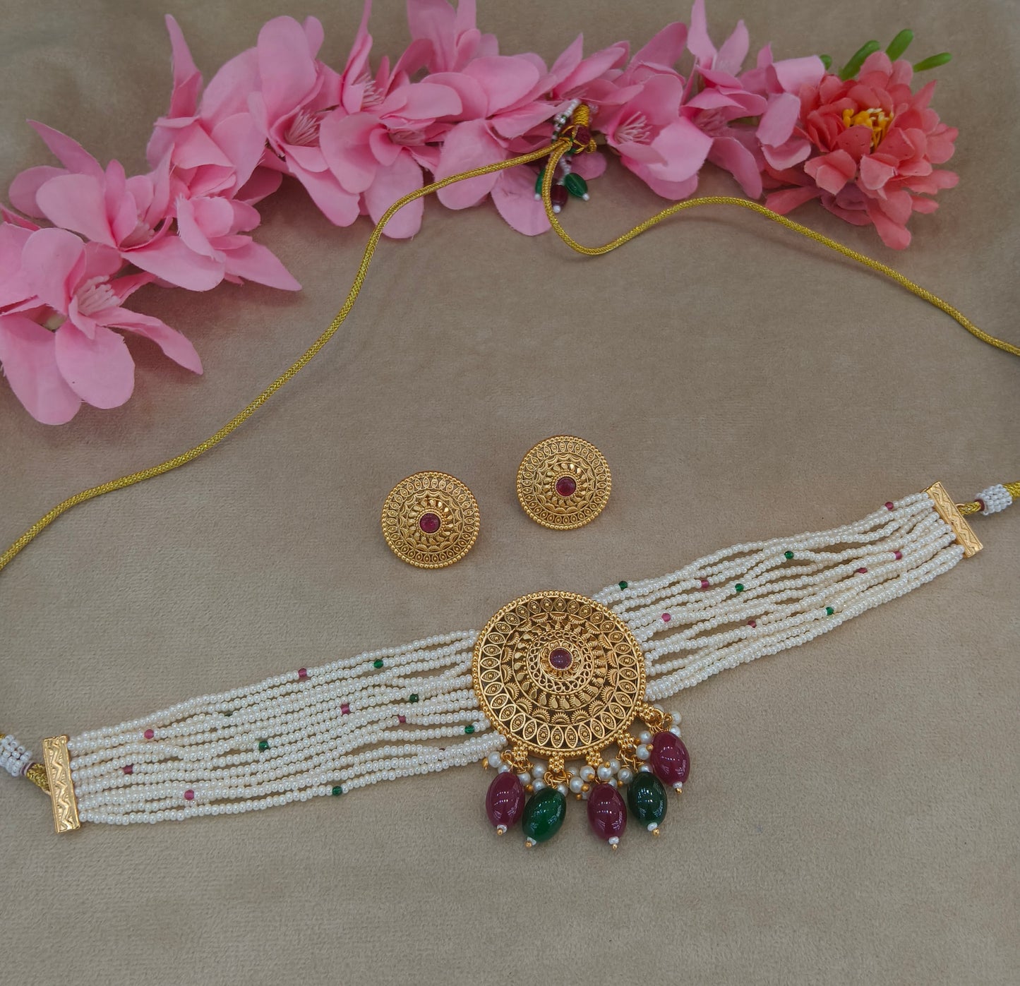 Gold Polki Ruby Green Choker Able Jewellery Polki Set