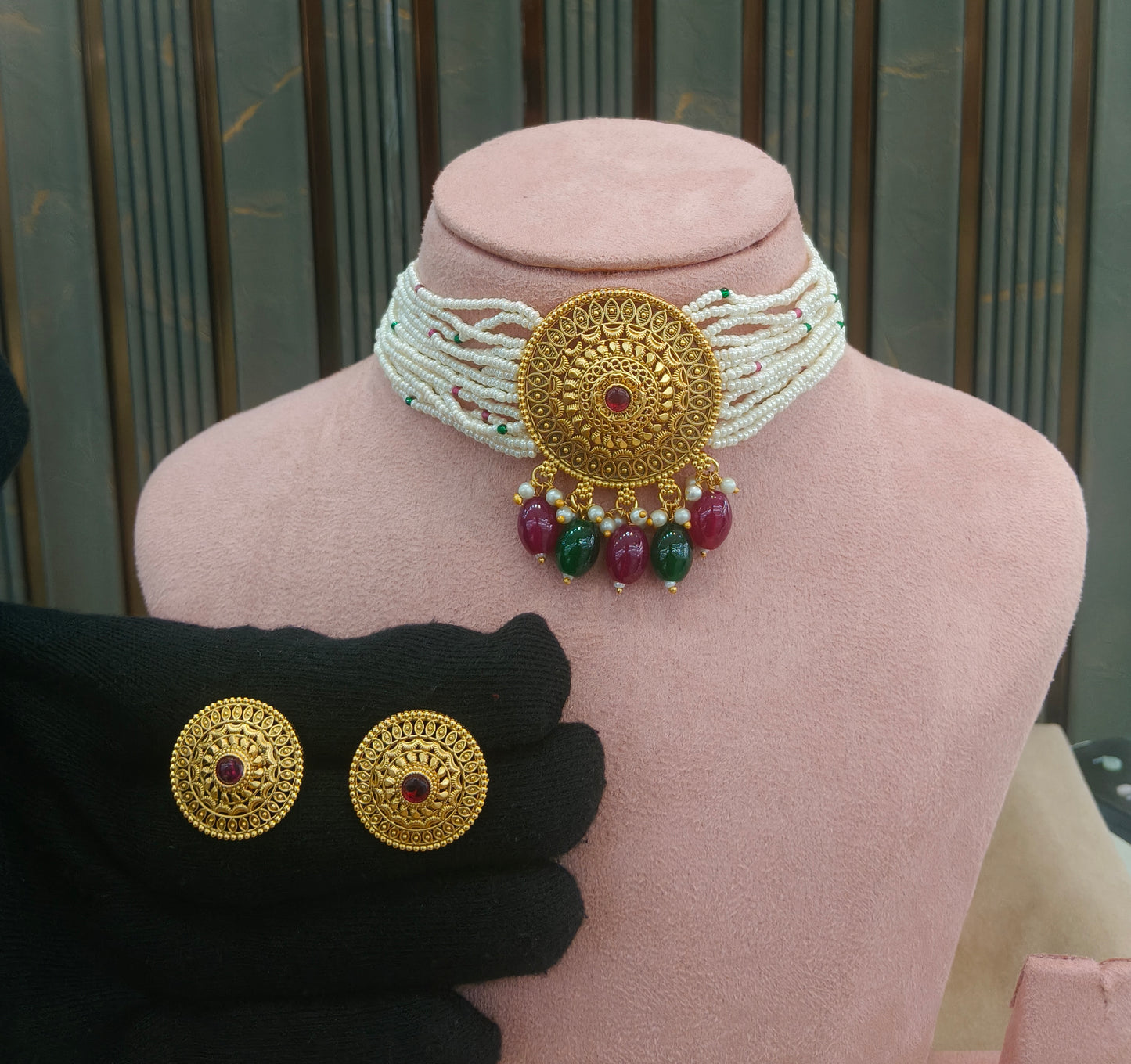 Gold Polki Ruby Green Choker Able Jewellery Polki Set