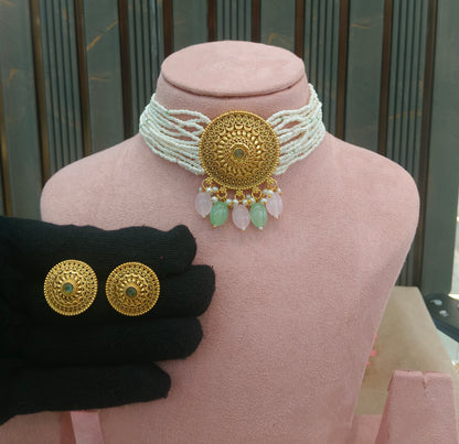 Gold Polki Mint Pink Choker Able Jewellery Polki Set